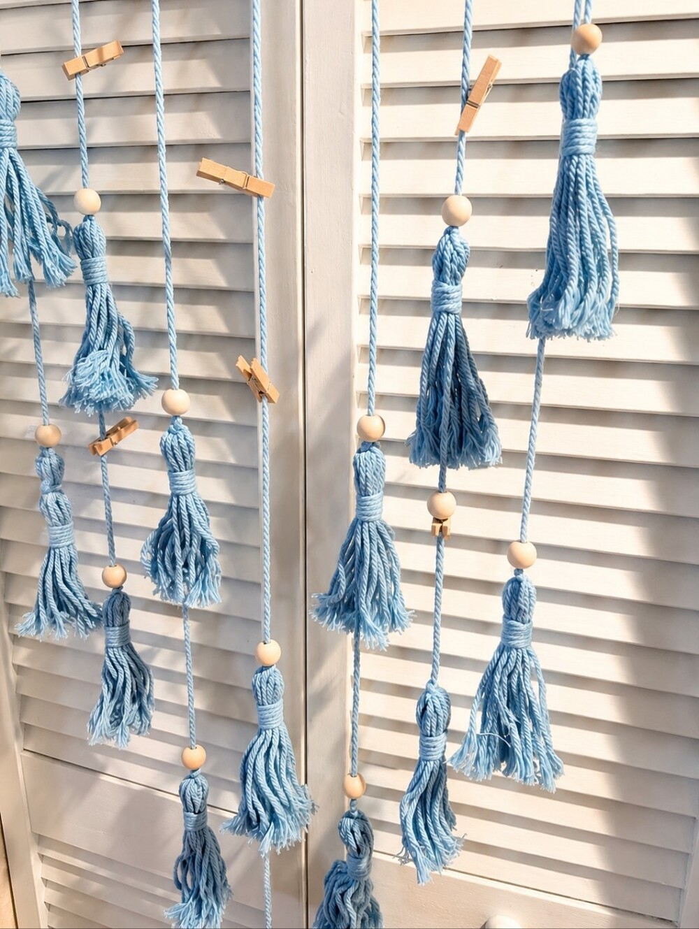 Bohemian Blue Cotton Yarn Tassel Garland Wall Art Wooden Beads LED Light Sz 43" - Picture 6 of 10